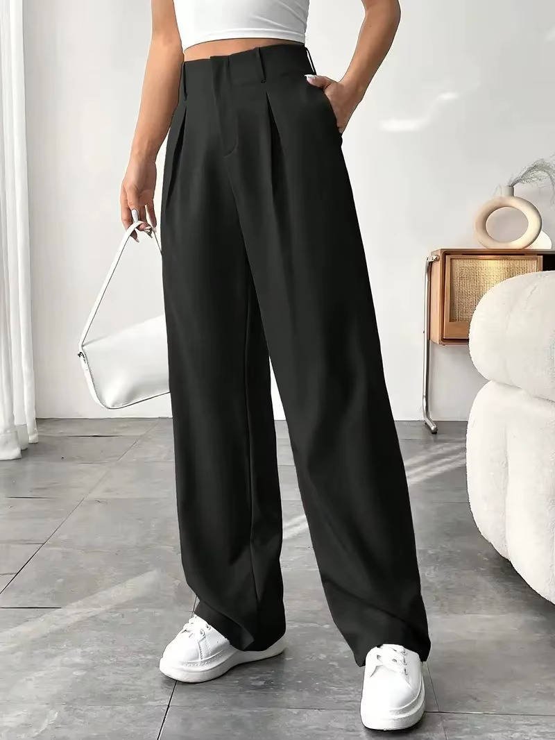 Women's High-Waisted Pleated Wide-Leg Trousers - Black
