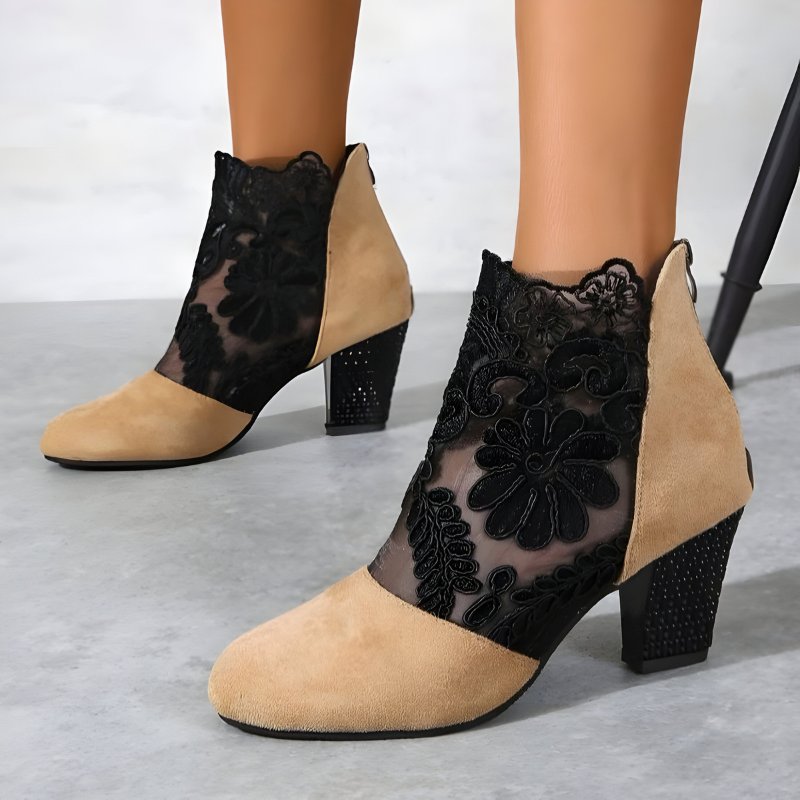 Women's Floral Ankle Boots - Beige