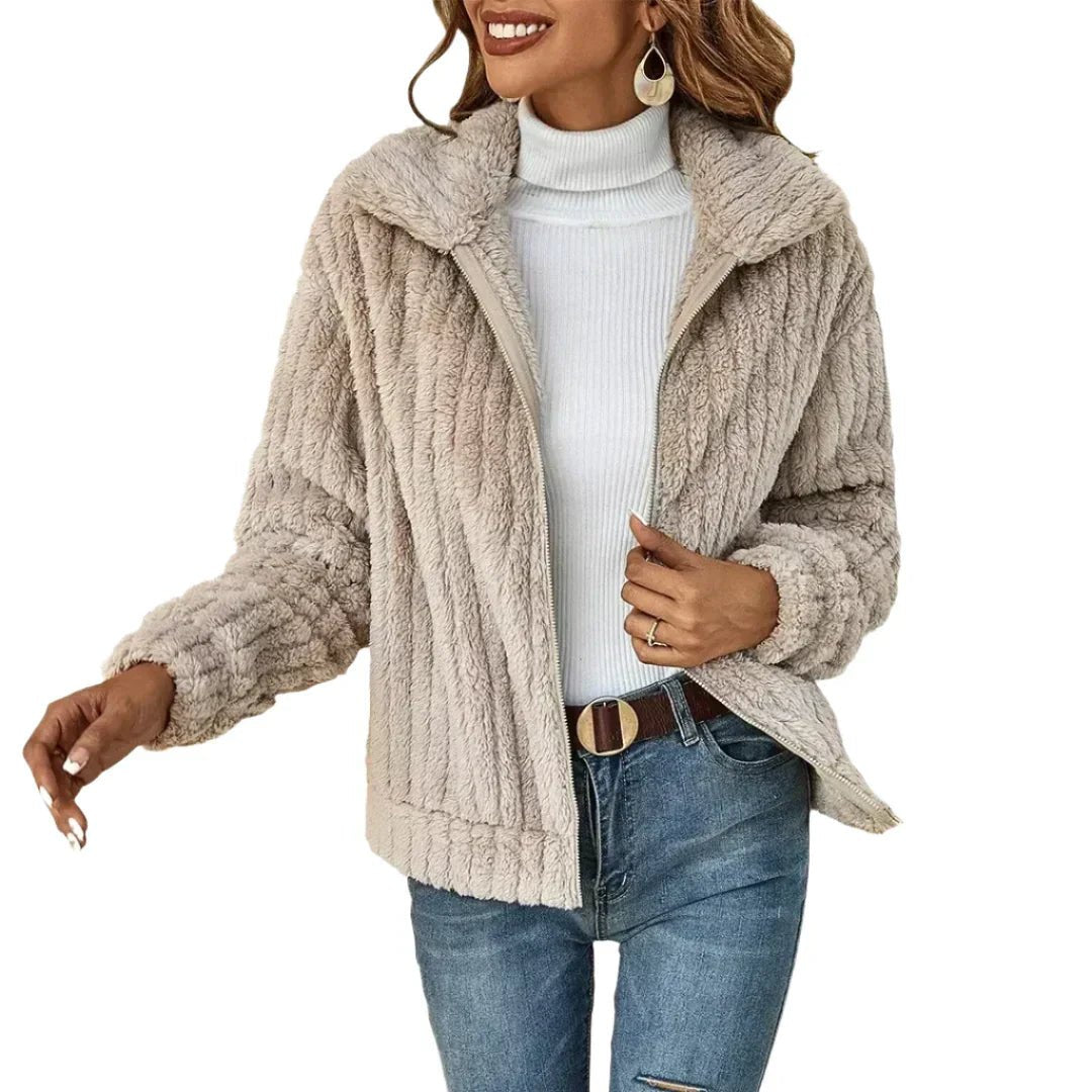 Women's Oversized Fleece Teddy Jacket - Beige