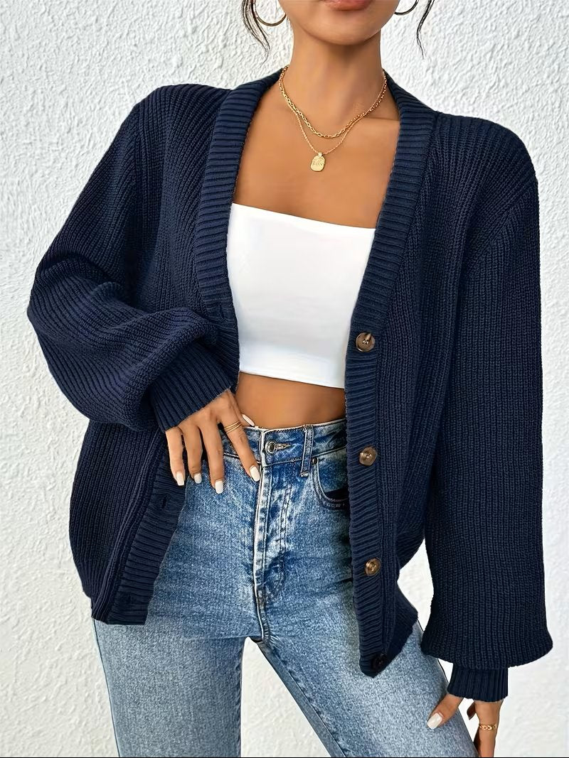 Women's Chunky Cropped Ribbed V-Neck Cardigan - Navy