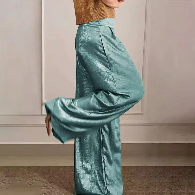 Women's High-Waisted Pleated Satin Wide-Leg Trousers - Blue