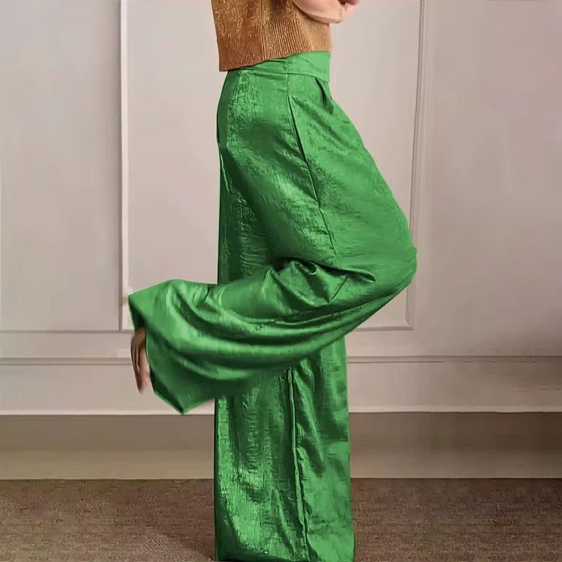 Women's High-Waisted Pleated Satin Wide-Leg Trousers - Green