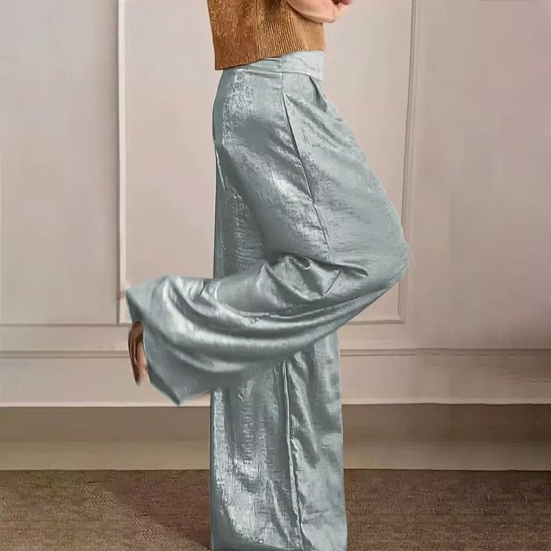 Women's High-Waisted Pleated Satin Wide-Leg Trousers - Gray