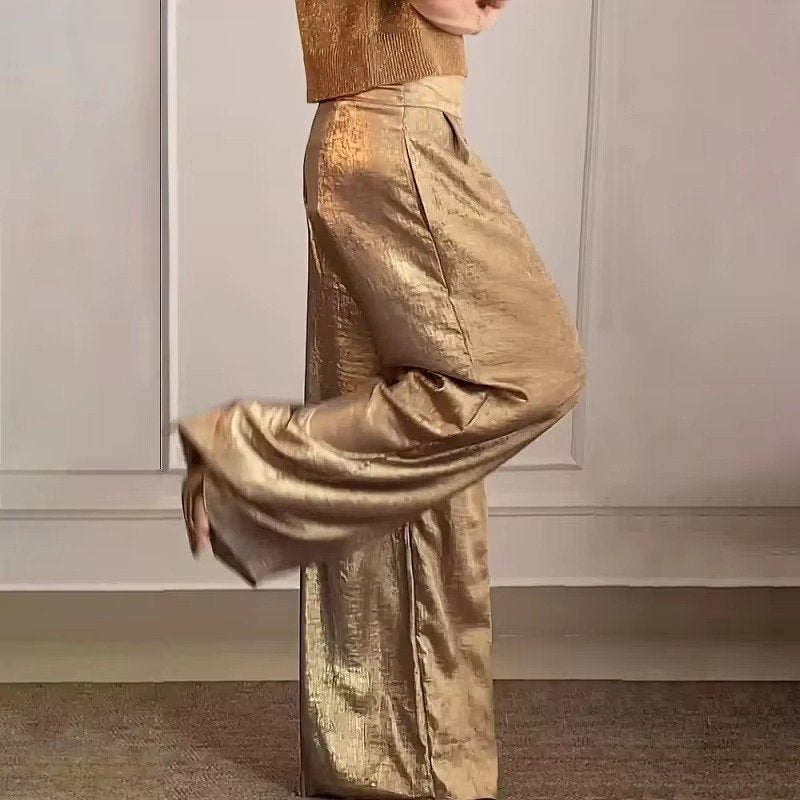 Women's High-Waisted Pleated Satin Wide-Leg Trousers - Khaki