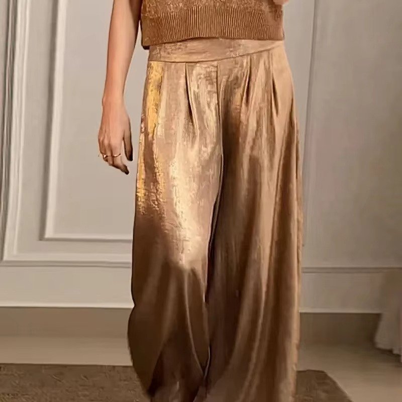 Women's High-Waisted Pleated Satin Wide-Leg Trousers