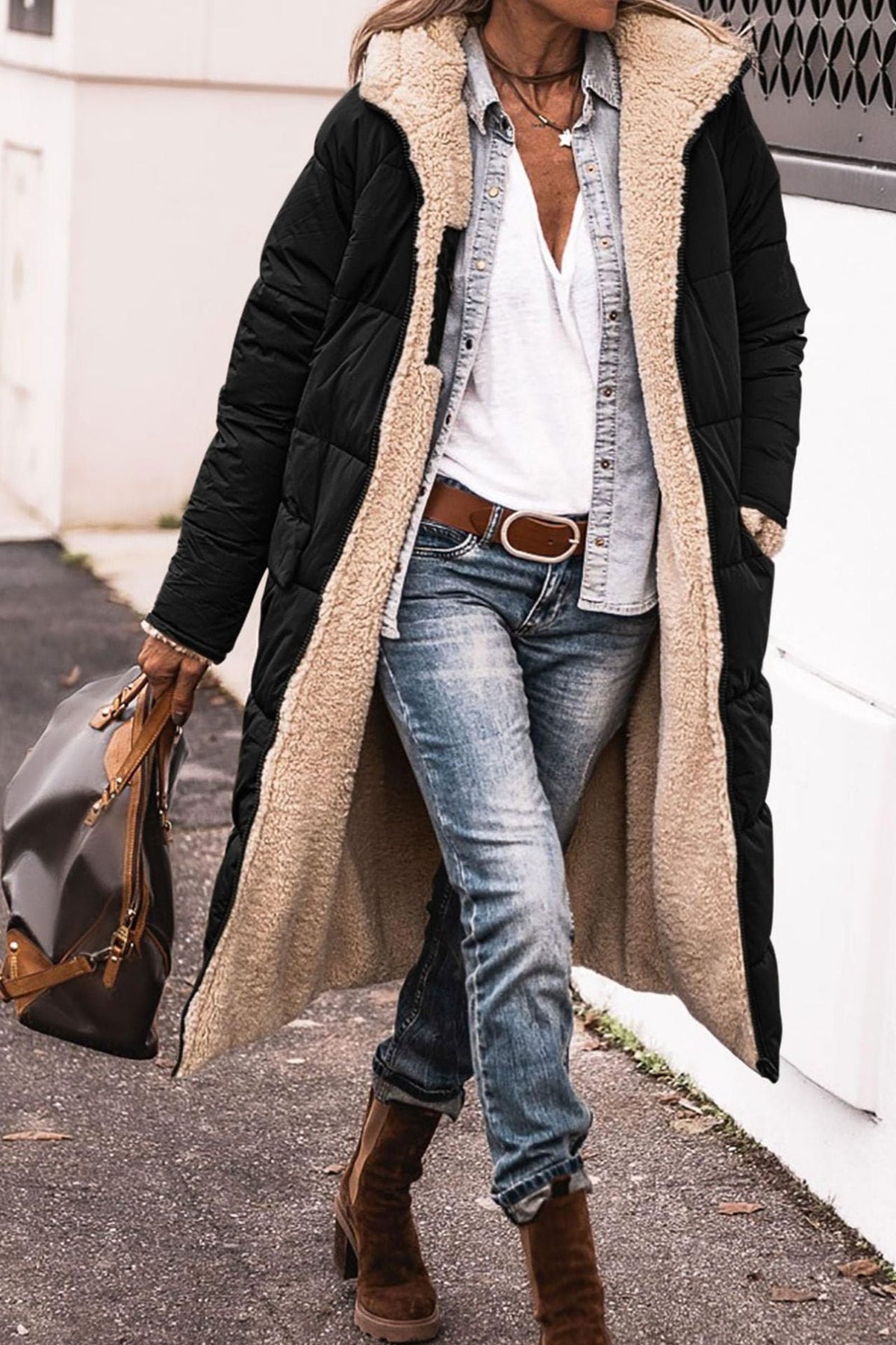 Women's Oversized Longline Teddy Puffer Coat - Black