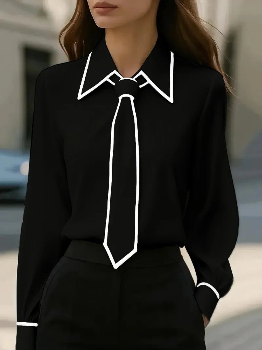 Women's Work Tie-Neck Satin Long Sleeve Blouse - Black