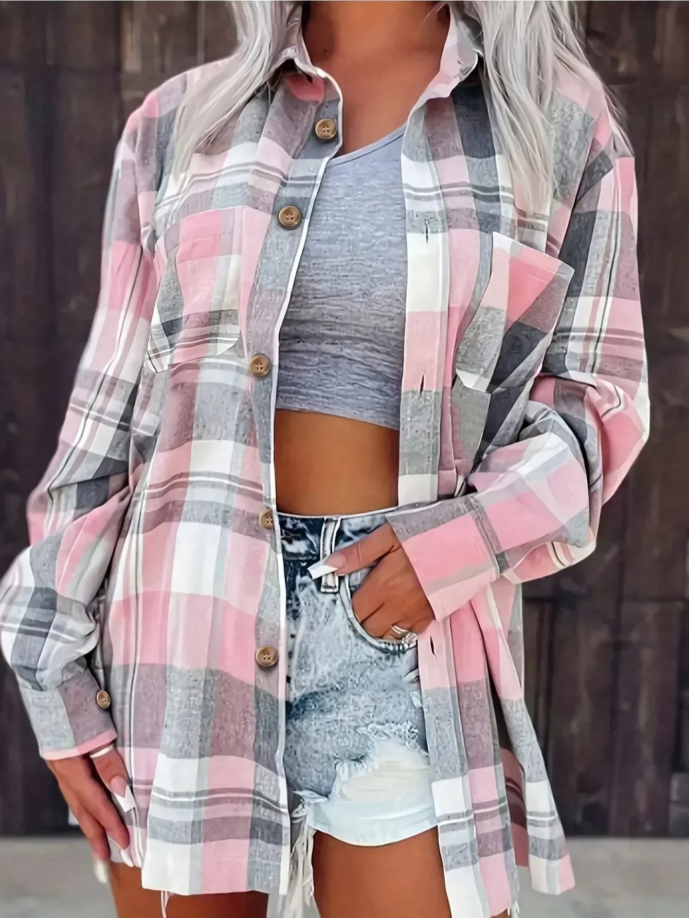 Women's Oversized Plaid Shacket - Pink