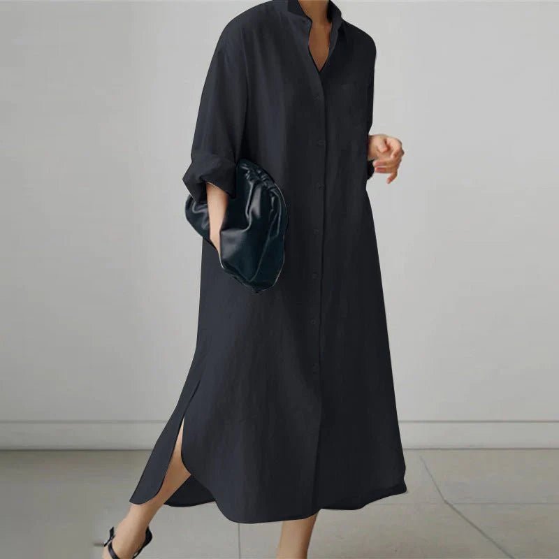 Women's Black Oversized Long Sleeve Maxi Shirt Dress