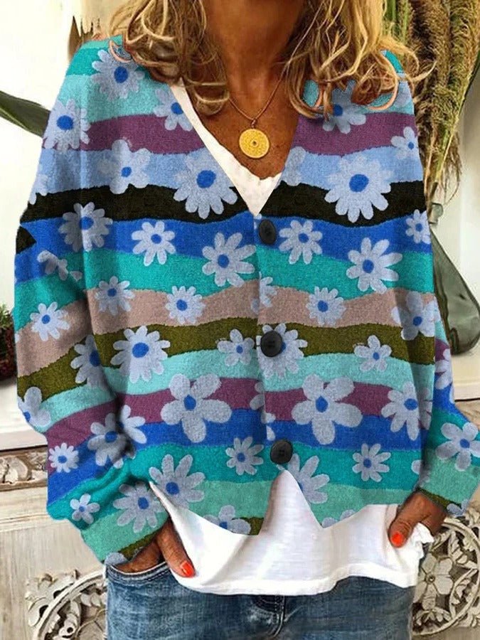 Women's Oversized Floral V-Neck Cardigan - Blue