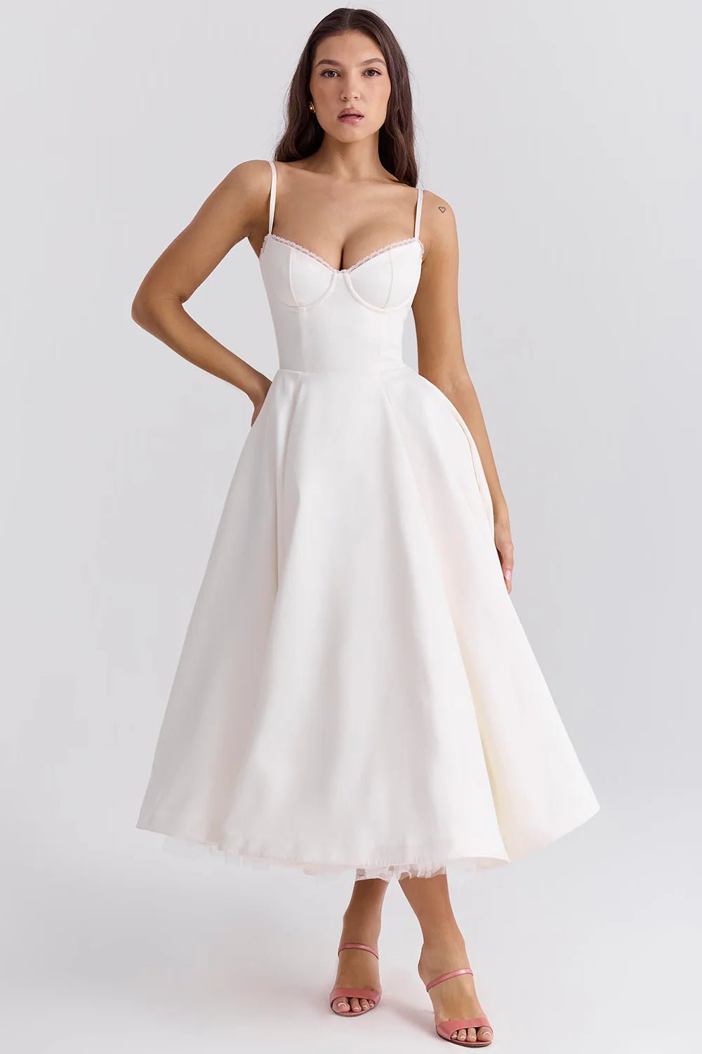 Women's Cocktail Satin Lace Midi Party Dress - White
