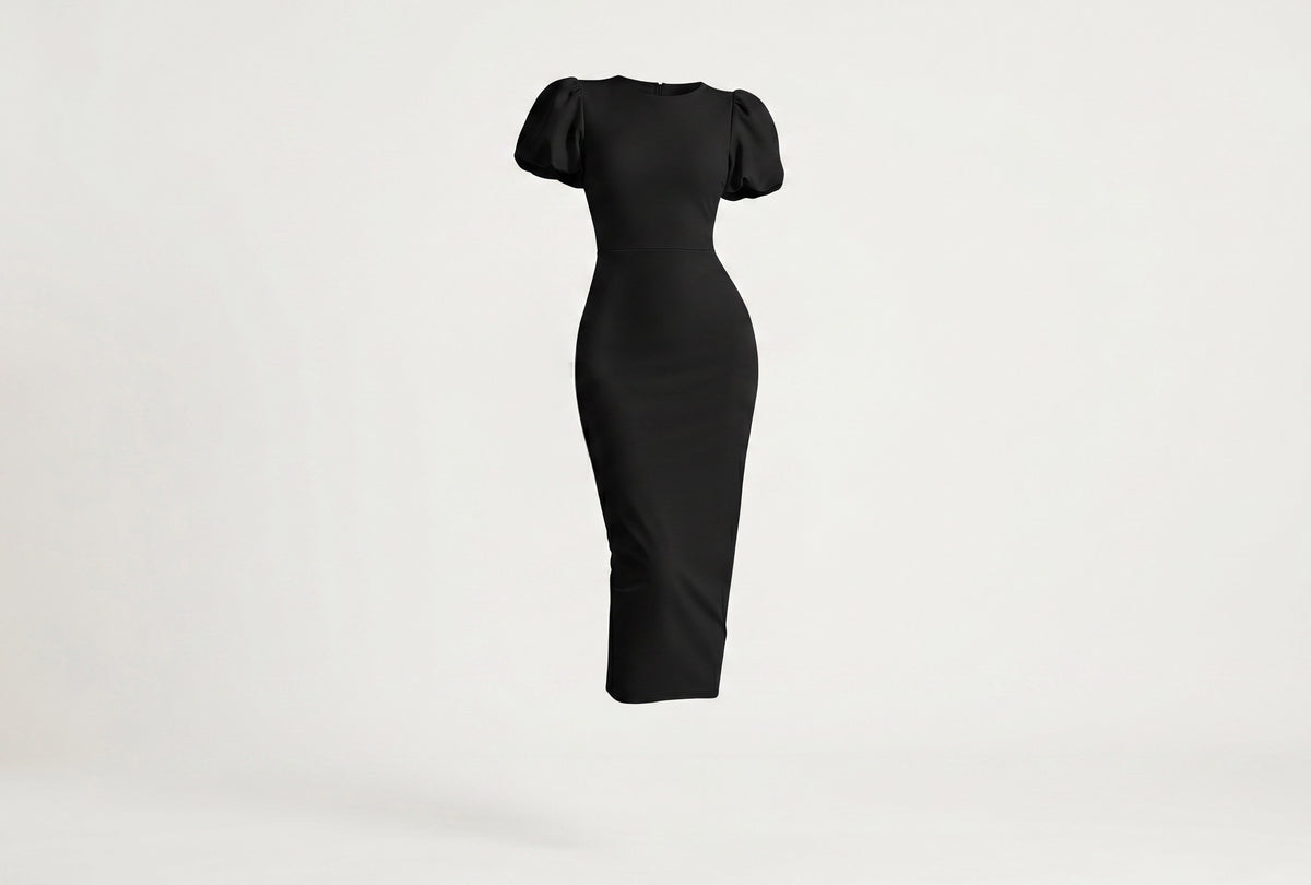 Women's Black Cocktail Bodycon Midi Party Dress - Black