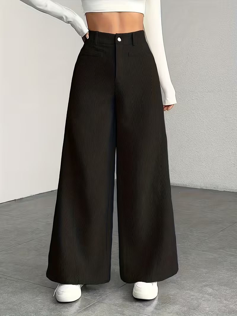 Women's High-Waisted Corduroy Wide-Leg Trousers - Black