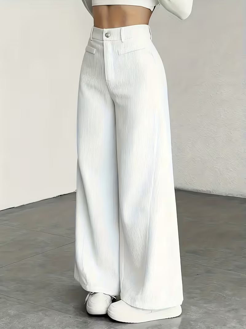 Women's High-Waisted Corduroy Wide-Leg Trousers - White