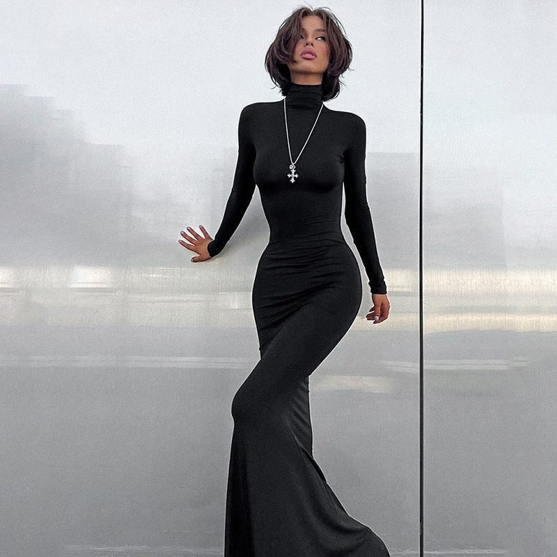 Women's Ribbed Roll Neck Bodycon Maxi Party Dress - Black