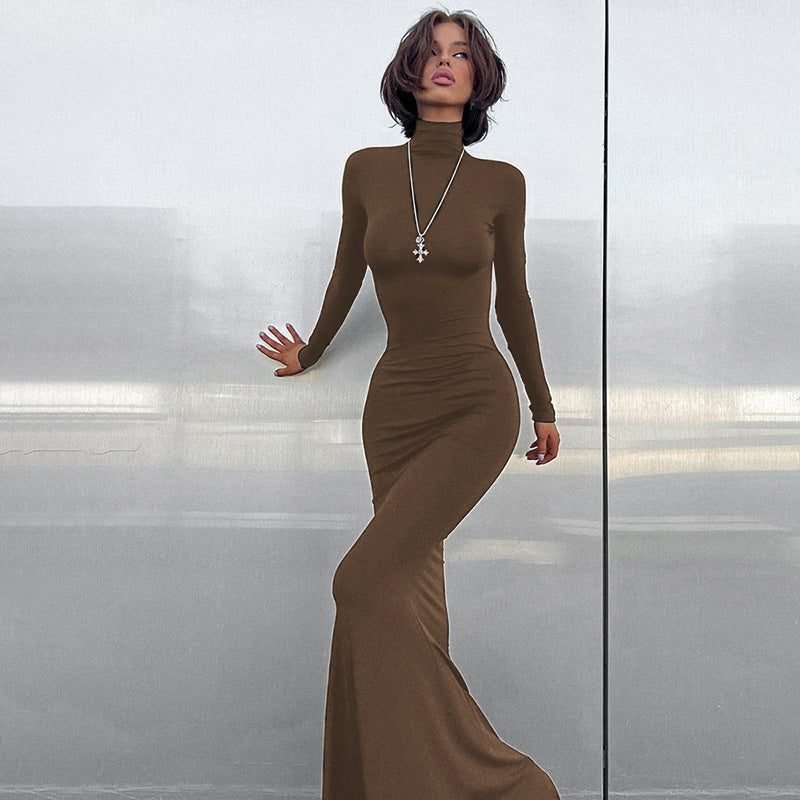 Women's Ribbed Roll Neck Bodycon Maxi Party Dress - Brown