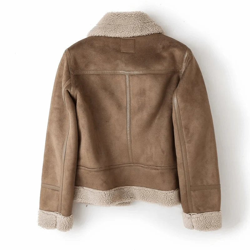 Women's Cropped Suede Aviator Belted Shearling Leather Jacket