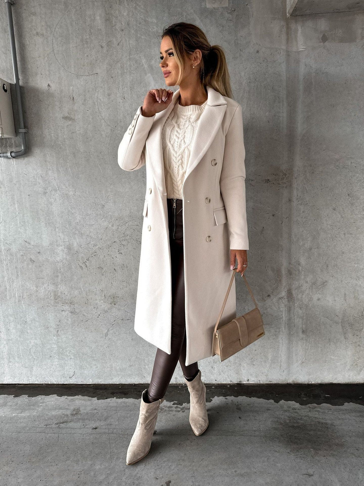 Women's Double-Breasted Longline Wool Coat - Beige