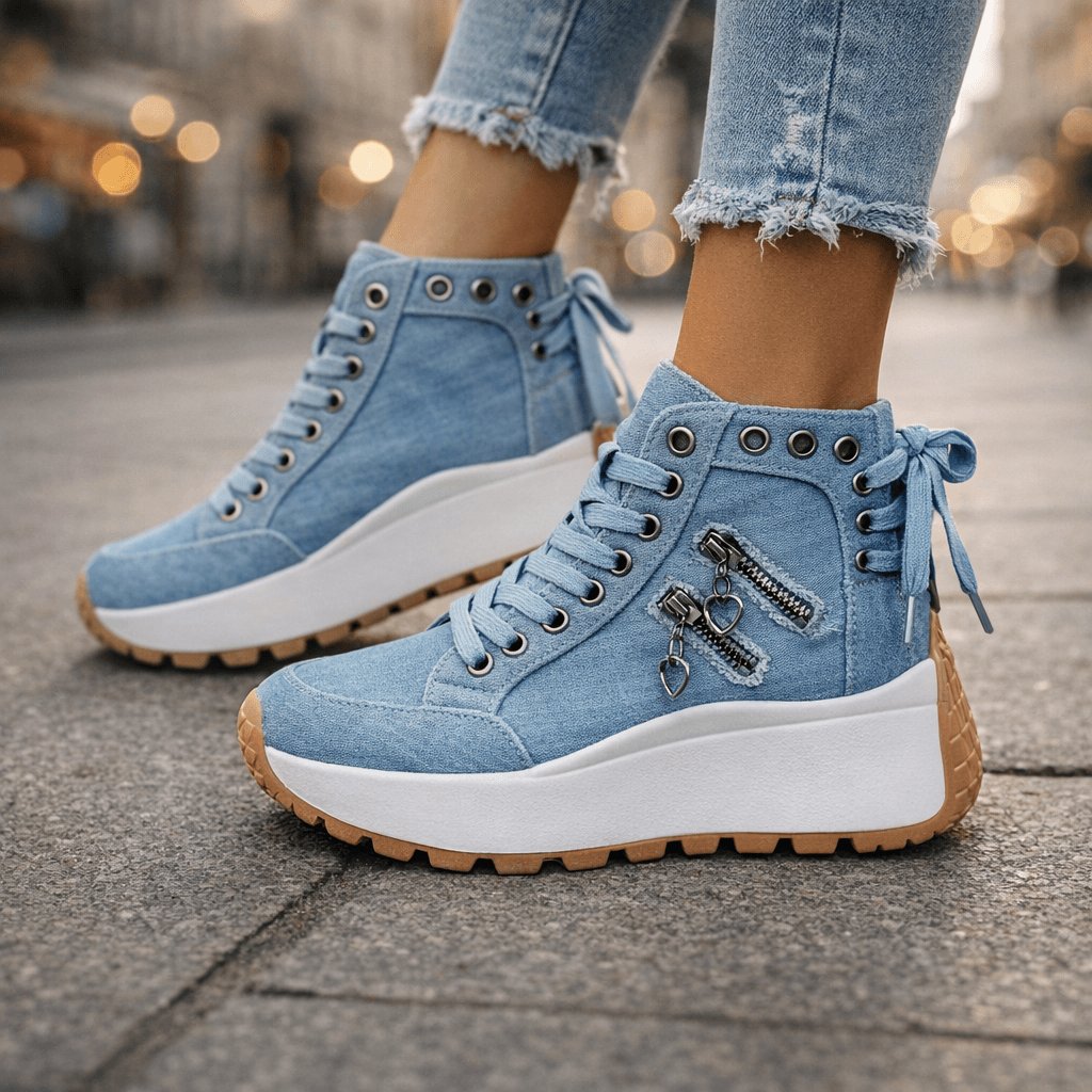 Women's Chunky Denim High-Top Platform Lace-Up Wedge Trainers