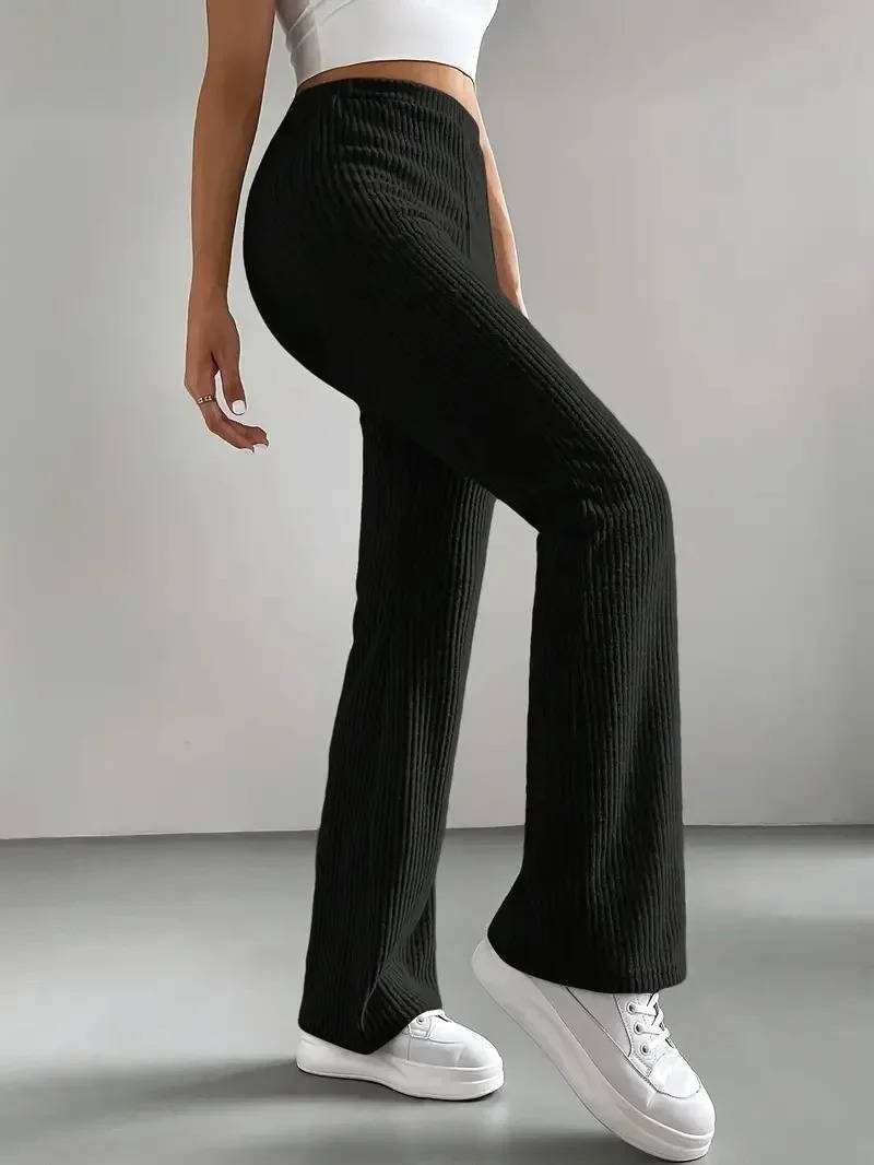Women's Ribbed Knit High-Waisted Flare Trousers