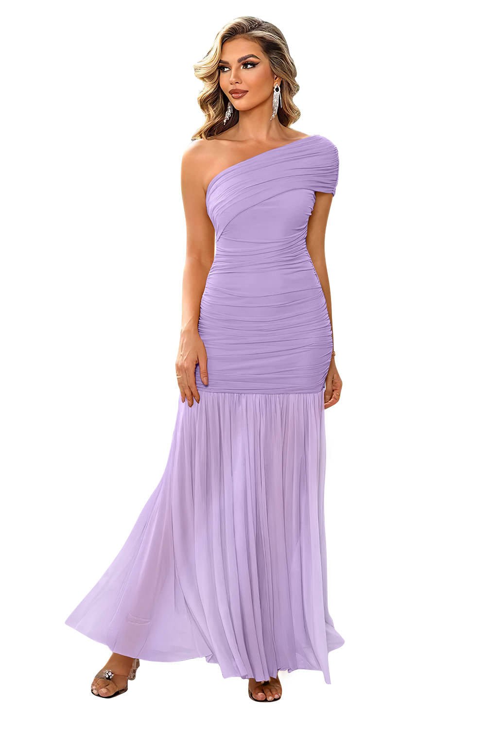 Women's Black Ruched Mermaid One-Shoulder Maxi Party Gown - Lavender