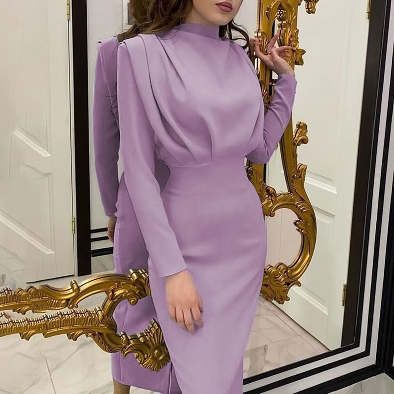 Women's Cocktail Satin Bodycon Midi Party Dress - Lilac