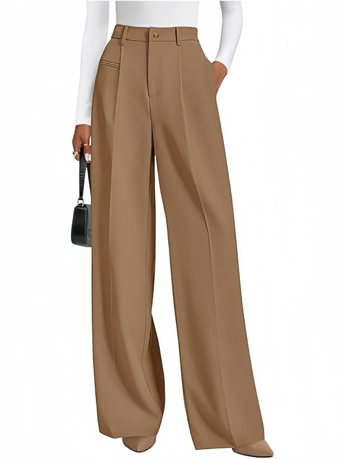Women's High-Waisted Pleated Wide-Leg Trousers - Khaki