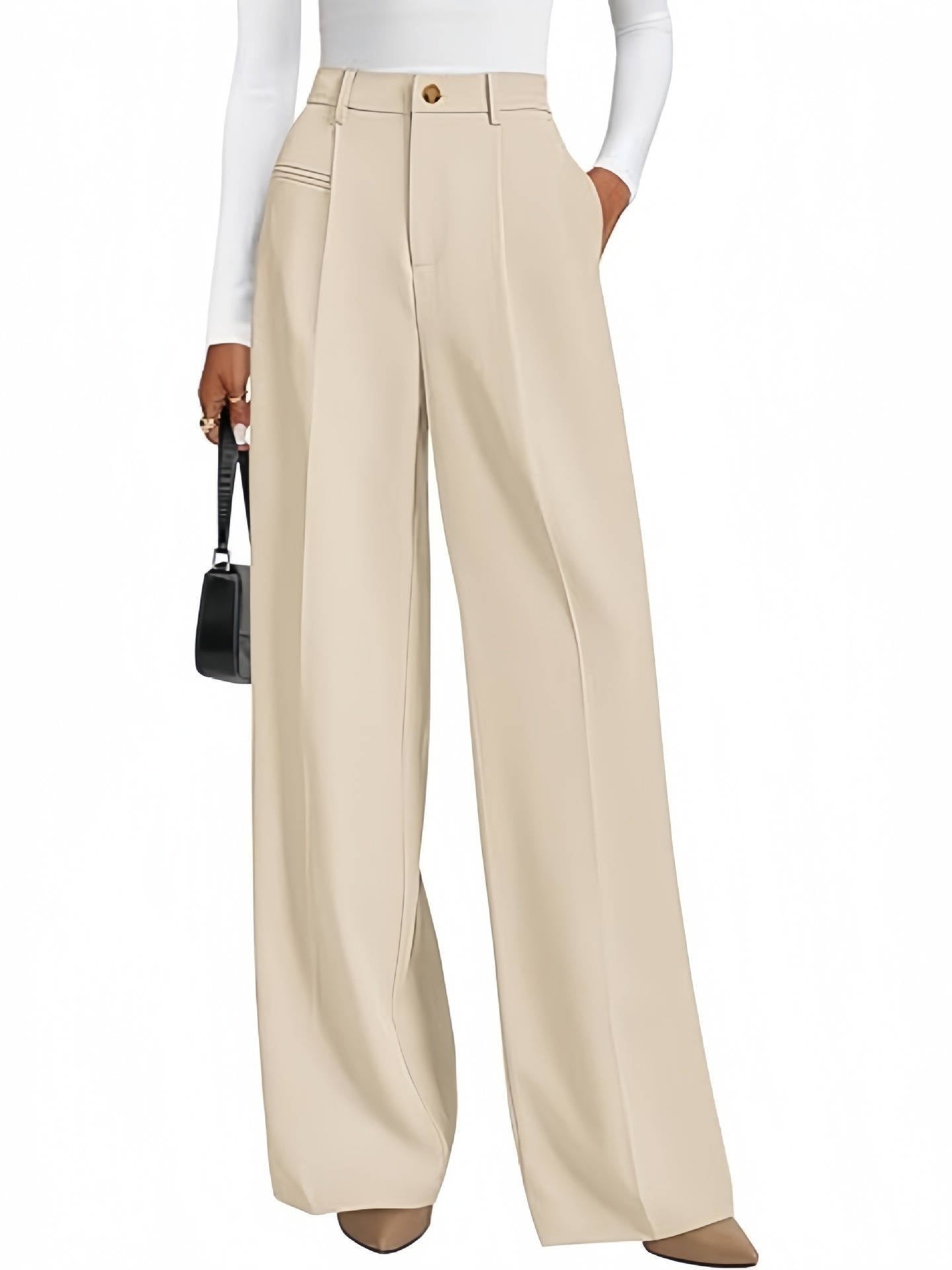 Women's High-Waisted Pleated Wide-Leg Trousers - Beige