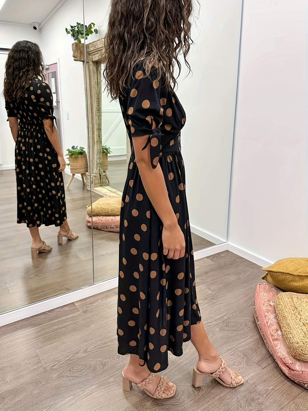 Women's Black Satin Midi Party Shirt Dress