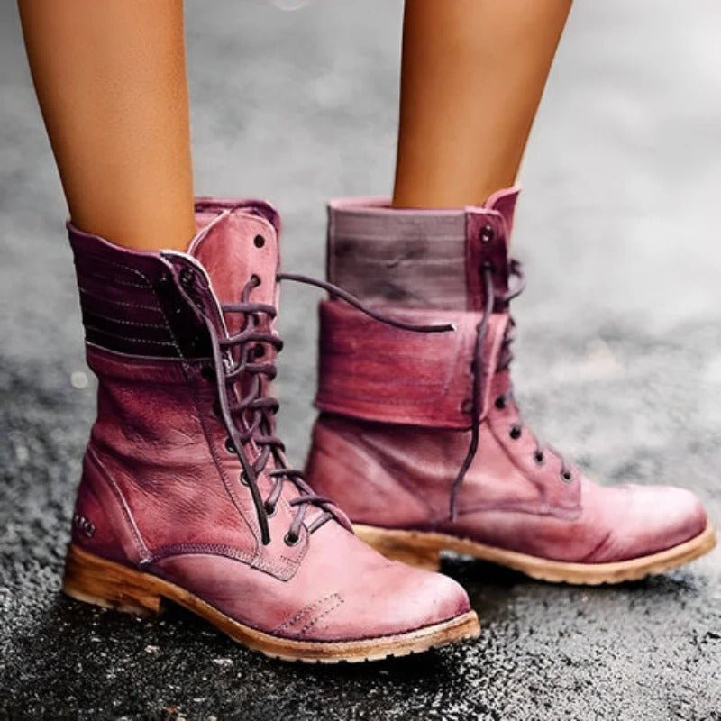 Women's Leather Combat Boots - Carmine red
