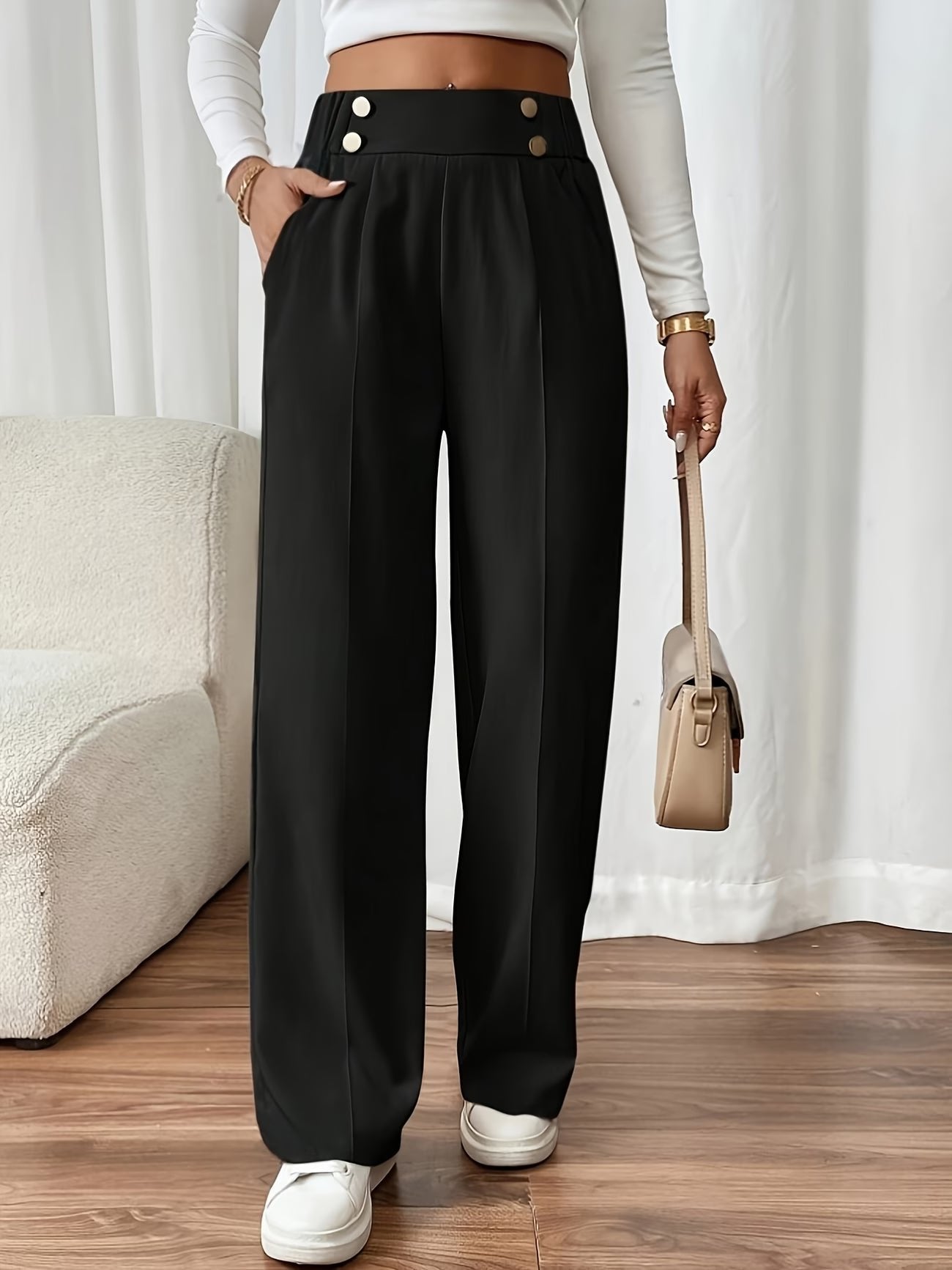 Women's Black Work High-Waisted Tailored Pleated Wide-Leg Trousers - Black