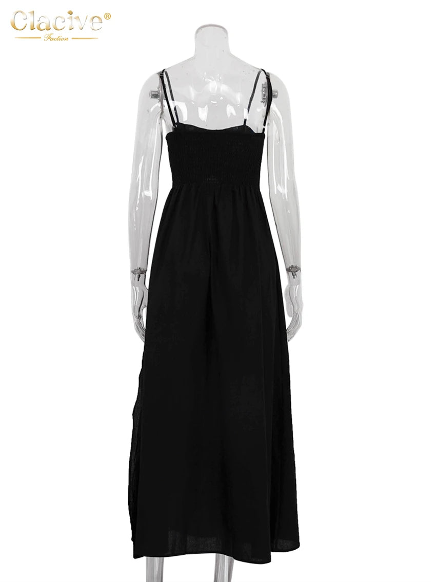 Sexy Loose Black Cotton Womens Dresses 2024 Summer Strap Sleeveless Ankle Length Dress Elegant Hollow Out Female Dress