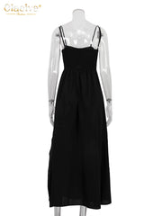 Sexy Loose Black Cotton Womens Dresses 2024 Summer Strap Sleeveless Ankle Length Dress Elegant Hollow Out Female Dress