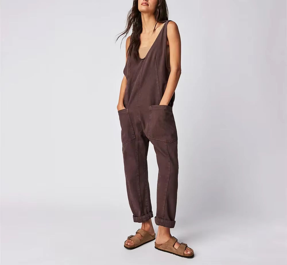 2025 Women'S Fashion Casual Denim Jumpsuits Splice Double Pockets Deep V-Neck Backless Suspenders Rompers One Piece Jeans Femme