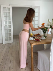 Cute Woman Pink Spaghetti Strap Bow Top Suit Elastic Drawstring Floor-Length Pants Sets V-Neck Home Pullover Pajama Outfit