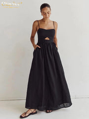Sexy Loose Black Cotton Womens Dresses 2024 Summer Strap Sleeveless Ankle Length Dress Elegant Hollow Out Female Dress