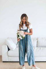 Overalls Women Hole Suspender Jeans 2024 Autumn Female Streetwear Baggy Wide Leg Pants Vintage Casual Denim Braces Trousers