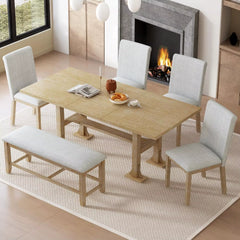 7-Piece Dining Table Set, 76.9Inch Extendable Trestle Dining Table with Upholstered Side Chair and Arm Chair, Dining Table Set