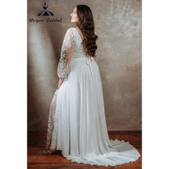 Long Sleeve V Neck Lace Appliques plus Size Wedding Dress for Women 2025 Overweight Bridal Gown Customzied Robe Mariee Boheme