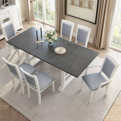 7-Piece Dining Table Set, 76.9Inch Extendable Trestle Dining Table with Upholstered Side Chair and Arm Chair, Dining Table Set