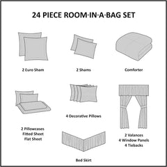 24-Piece Room in a Bag Comforter Set-Satin Jacquard, All Season Luxury Bedding, Sheets, Decorative Pillows and Curtains, Queen