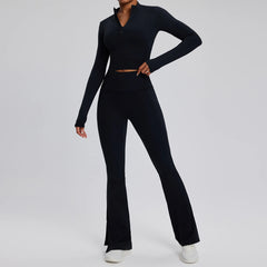 Women'S 2Pcs Yoga Suit Tight Fitting Sports Set Workout Breathable Fitness Bra Gym Long Sleeve Crop Top Bell-Bottoms Leggings