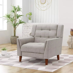 Evelyn Mid Century Modern Fabric Arm Chair, Beige & Walnut