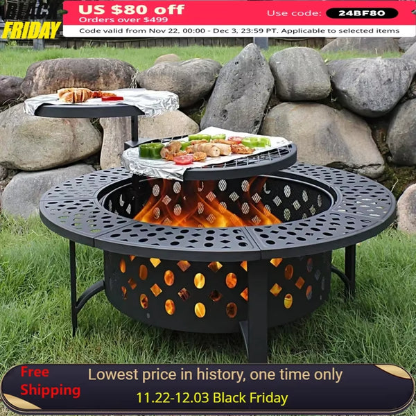 36 Inch Three in One Fire Pit with 2 Grills, Outdoor Wood Burning Fire Pit with Cover, Matchstick, and Circular Waterproof Cover
