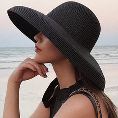 HT2303 2023 New Summer Sun Hats Ladies Solid Plain Elegant Wide Brim Hat Female round Top Panama Floppy Straw Beach Hat Women