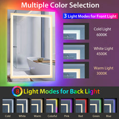 32 Inch X 24 Inch Bathroom Anti-Fog Wall Mirror with Colorful Light