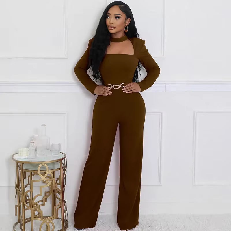 Elegant Romper Jumpsuit Women Long Sleeve Square Collar High Waist Party Club One Pieces Overalls Combinaison Femme