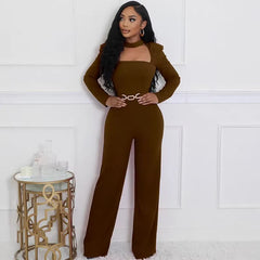 Elegant Romper Jumpsuit Women Long Sleeve Square Collar High Waist Party Club One Pieces Overalls Combinaison Femme
