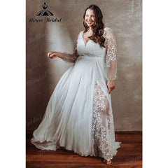 Long Sleeve V Neck Lace Appliques plus Size Wedding Dress for Women 2025 Overweight Bridal Gown Customzied Robe Mariee Boheme