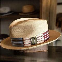 2025 New Fedora Straw Hat with Wide Striped Band, Woven Sun Hat for Men Women